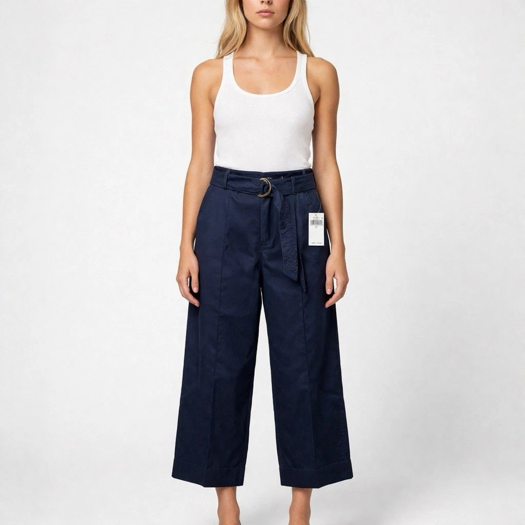 Polo Ralph Lauren Capri Cropped Pleated Wide Leg Trousers Belt NAVY size 2 NWT