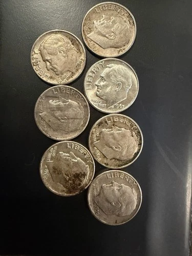 Lot Of 7, 90% Silver Bullion Roosevelt Dime Lot Pre 64