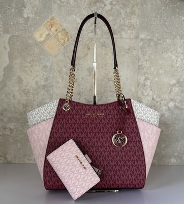 ☆新品未使用☆MICHAEL KORS トートバッグ ブラウン/ピンクタグ付き Michael Kors Jet Set Travel L Chain Tote Bag MK Color-Block Cherry