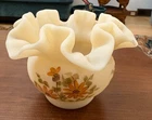 Vintage Fenton Custard Satin Glass Ruffle Vase Bowl Daisies Hand Painted Signed