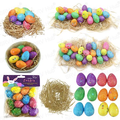 Ostereiersuche Partyspiel, Korb Deko Set 3,9 cm Glitzer Schaum Eier & Grasnest