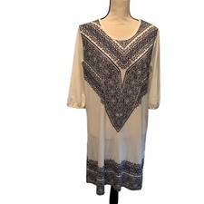 Christina Love Dress Womens Medium White Navy Blue Sequins Semi Sheer
