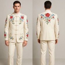 Men Ivory 2Pc Customized Vintage Western Suit Floral Embroidered Cowboy Wear Set