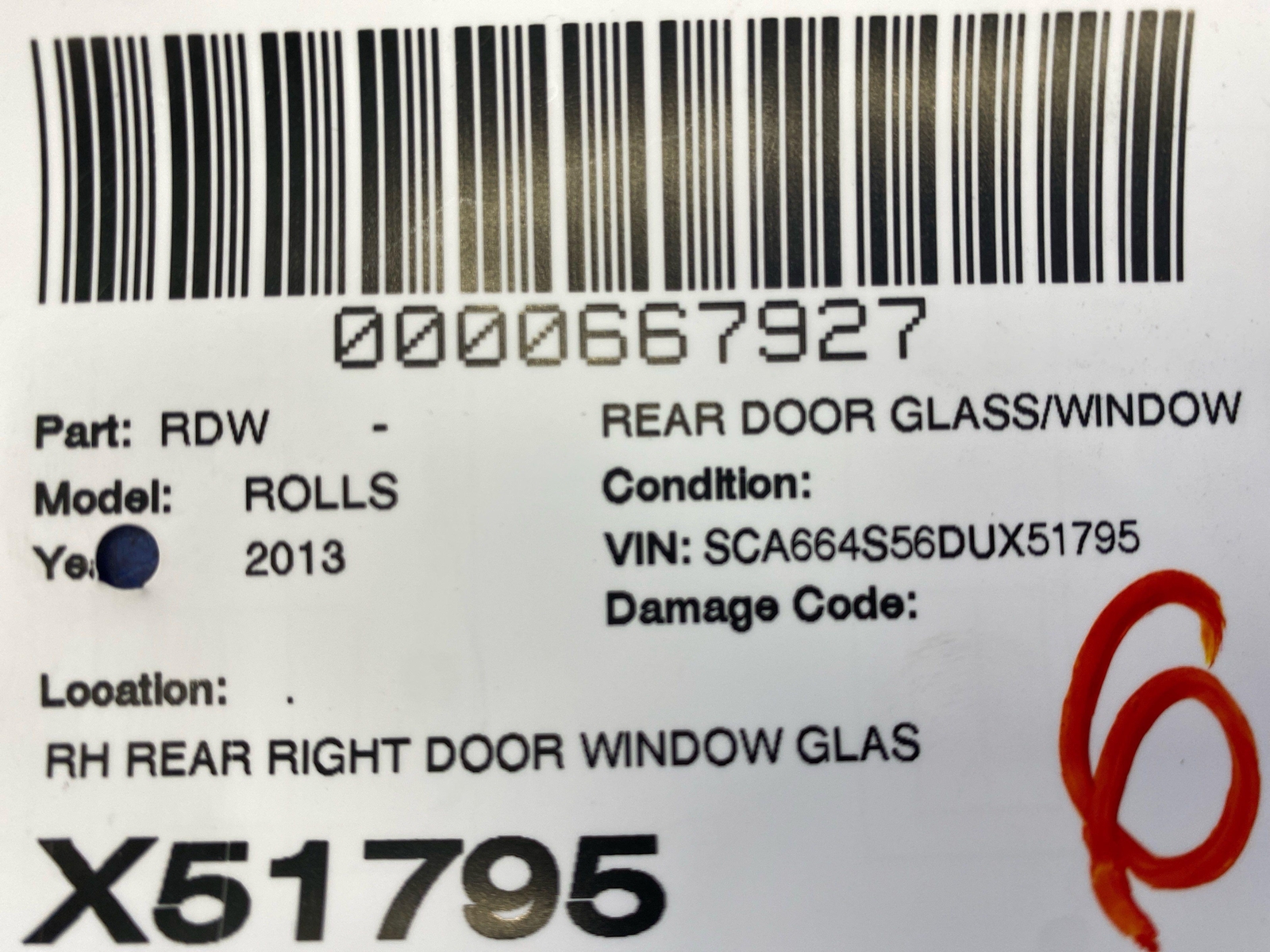 2009 2010 2011 2012 2013 2014 ROLLS ROYCE GHOST REAR RIGHT DOOR WINDOW GLASS OEM