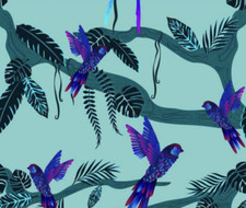 Stof Jungle Birdie Bird w/ Branches Teal Fabric By The Yard