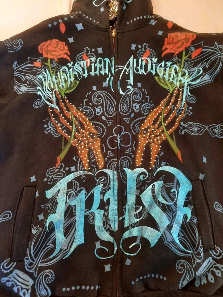 Sudadera con capucha reversible vintage para hombre 2XL XXL Christian Audigier estampado completo con cremallera Foto 2 de 4