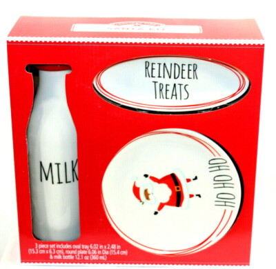 Holiday Time 3 Piece Santa Kit Milk Bottle Plate for Cookies HO Reindeer Treat 