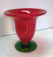 Blown Glass Trumpet Style Footed Vase Red Green Watermelon Like 6”