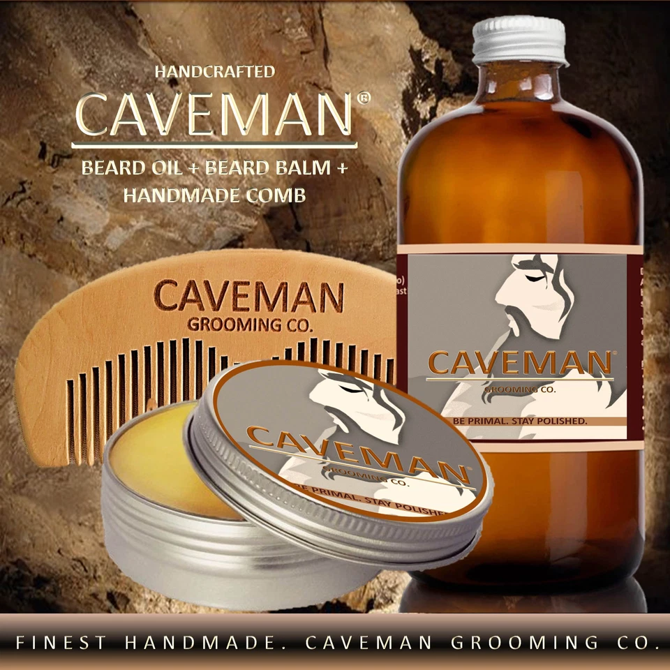 KIT de aceite para barba Caveman® hecho a mano + bálsamo para barba + peine GRATIS + jabón + 15 aromas Foto 3 de 3
