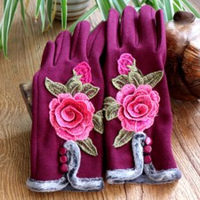 Women Warm Gloves Embroidered Flower Padded Fleece Lined Retro Winter