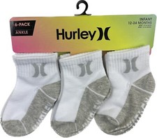 Hurley Baby 6 Pk White Grey Ankle Cotton Knit Cushion Logo Sock Set Sz 12-24 MO