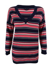Tommy Hilfiger Women's Metallic Striped V-Neck Sweater XS, Peacoat