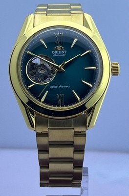 Gorgeous Men's Gold Tone Orient Contemporary Automatic Green Dial Wristwatch