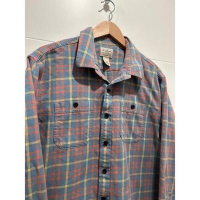 LL Bean Mens Traditional Fit Plaid Flannel Shirt L Blue Orange Yellow 509439