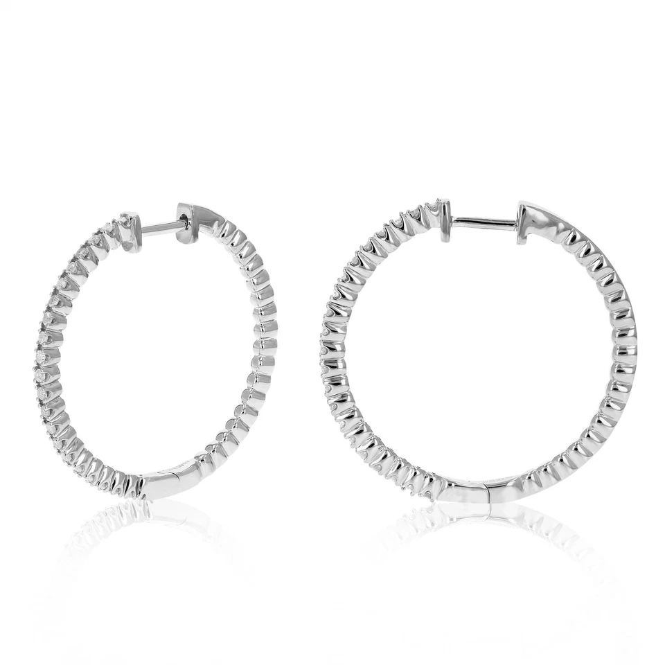 Diamond Earrings for Women 1/2 CT Sterling Silver 1.25 Inch Round Hoop Design - Image 2 of 4