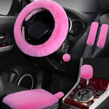 7 Pieces Fluffy Pink Steering Wheel Cover Set Car Accessories For Women Interior