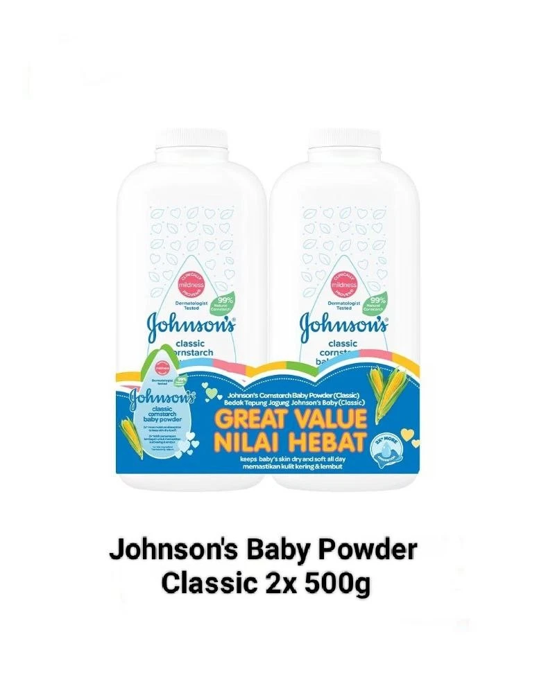 Johnson's Baby Powder 2x500g | Classic Talc Cornstarch | Gentle Twin Pack-NEW