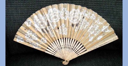 antique BURNS RICE paper and lace WOMANS HANDHELD FAN 6th & 44th NEW YORK ny