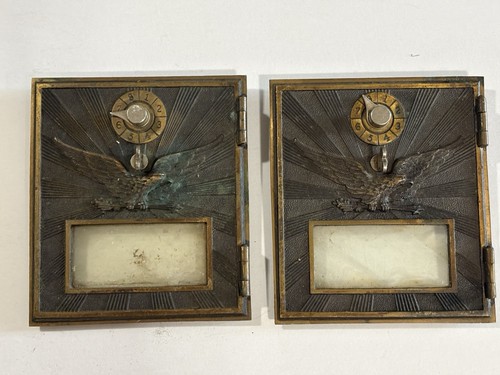 Lot of 2 Large Antique Brass Post Office Box Doors Flying Eagle Vtg USPS Size #2