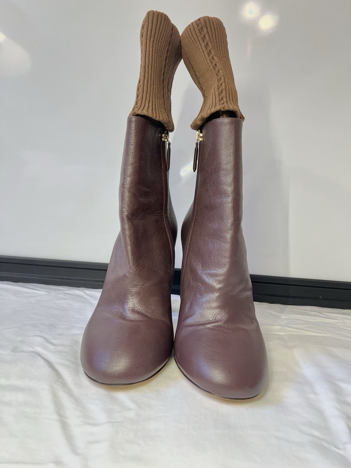 Chanel 2016 Interlocking CC Logo Burgundy Brown Leather Sock Ankle Boots 39 1/2 image 7