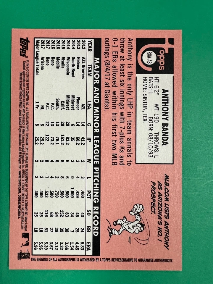 2018 TOPPS HERITAGE BASEBALL ANTHONY BANDA DIAMONDBACKS ON CARD AUTO RC - Image 2 of 2