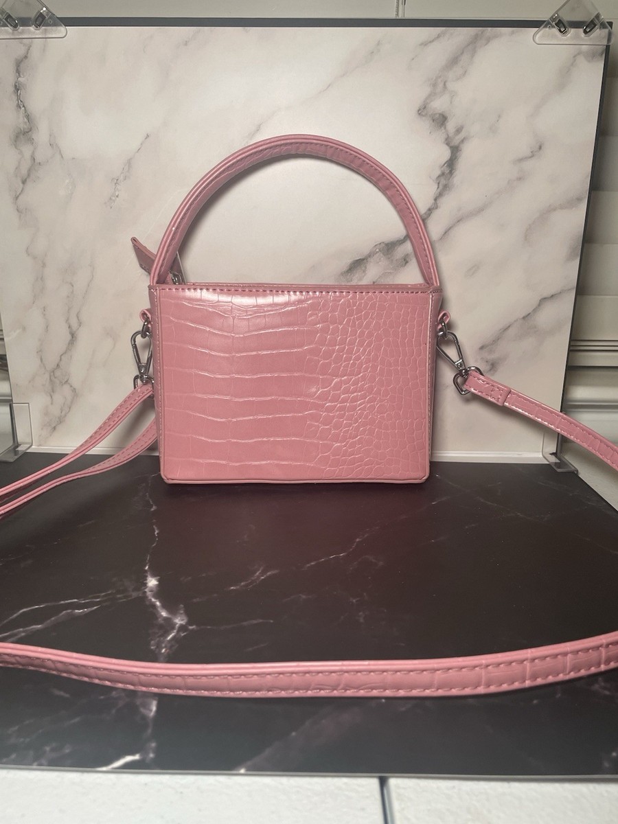 ASOS DESIGN boxy bag with top handle with detachable strap in pink croc View 2