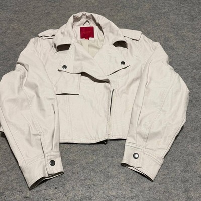 Jennifer Lopez Womens Faux Leather Moto Jacket Cream Off White Cropped Size S