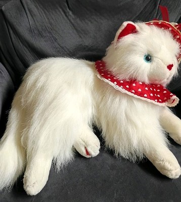 Stunning Huge 25 In.  Vintage White Fluffy Persian Cat Plush Red Hat & Collar