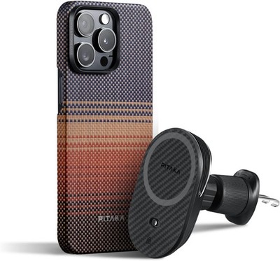 PITAKA MagEZ Case for iPhone 15 Pro Max + MagSafe Car Mount Charger | Sunset