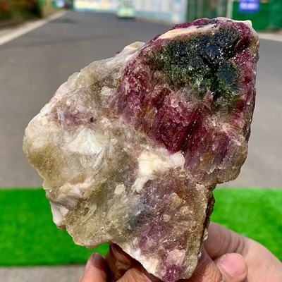 466GRare!Natural Two tone watermelon tourmaline crystal cluster mineral specimen