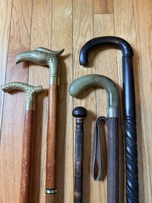 Lot of 5 Wooden Walking Canes/Sticks Assorted Handles, Including Child s Size