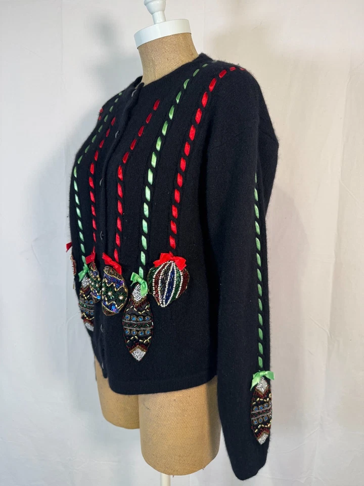 Cárdigan Suéter Adornos Con Cuentas Mezcla Lana Vintage Años 80 Mezcla Navidad Apliques Talla M Foto 3 de 4