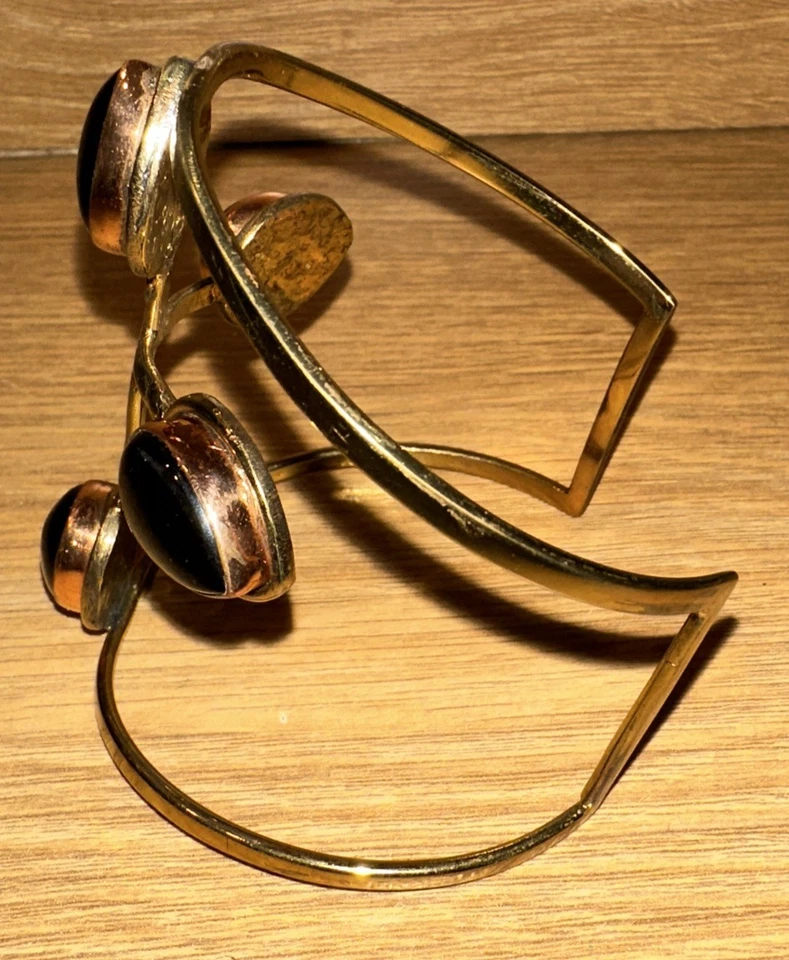 Brass Copper Cuff Bangle Bracelet w/ Black Onyx Teardrop Stones In Cross Design - Image 2 of 4