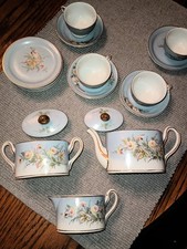 Vtg Children's Tea Party Set Roses Flowers Transfer Hand Painted Gold Gild 17pcs