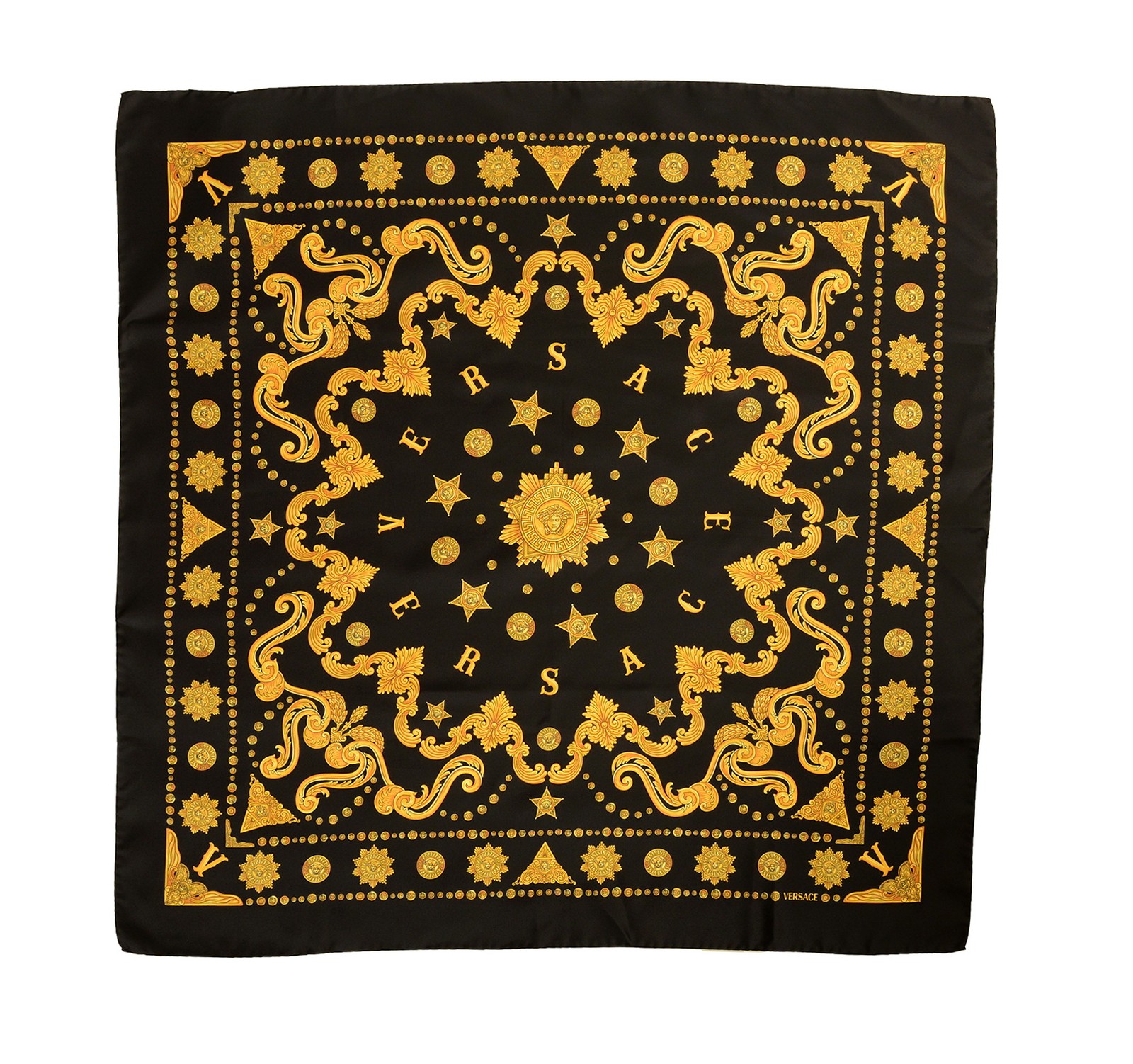 Versace Black - Gold Versace Signature Print 100 Silk Shawl Scarf Bandana 50590₽