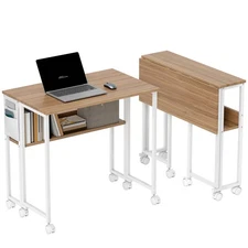 HOMCOM Small Folding Desk Foldable Computer Desk with Shelf Wheels Natural