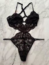 Victoria's Secret Black Cut Out Shine Strap Lace V String Bodysuit Teddy XL