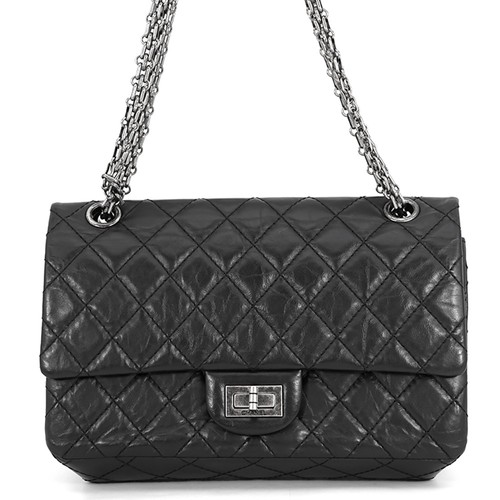 CHANEL 2.55 Double Flap Chain Shoulder Bag Size 24 Aged Calf Leather Black A...