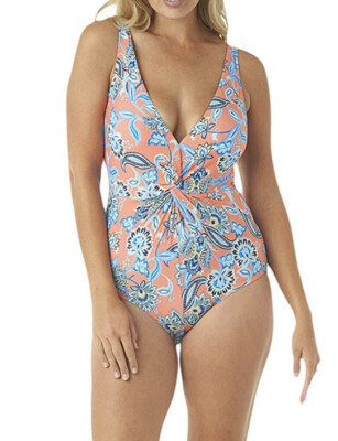 NWT Jantzen Persephone Floral Draped Plunge One-Piece Swimsuit Tigerlily Size 8