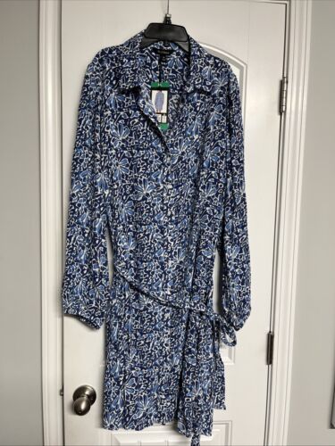NWT WELL WORN Women's V-Neck Long Sleeves Dress BLUE XL BUTTON DOWN VISCOSE NEW
