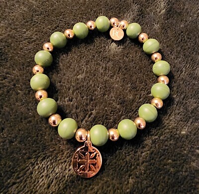 Rustic Cuff Bracelet Green/Gold Beaded Stretch Logo Jewelry NIB