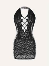 Sexy Jacquard Knit Babydoll Dress - High Elasticity, Hollow Back, Semi-Sheer Mes