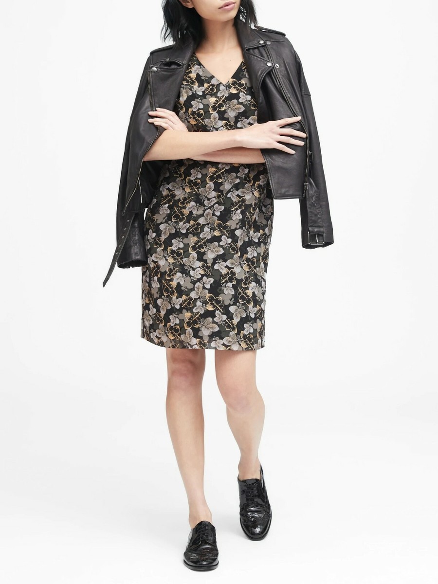 Banana Republic Gold Leaf Print V-Neck Shift Dress,Gray with Gold SZ 10  #396393 | eBay