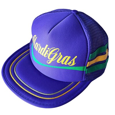 80s Vintage Mardi Gras Hat Snapback Trucker Cap Triple Stripe Script NOS 