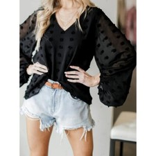 Jodifl Black Polyester Textured V-Neck Long Sheer Balloon Sleeve Blouse Size L