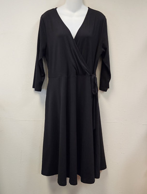 NEW Charmy Midi Dress XL Black Faux Wrap Vneck 3/4 Sleeve Stretch Minimalist