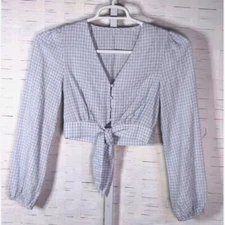 Elodie Blue Checked  Puff Sleeve Button Front Tie Waist Crop Top Size XS