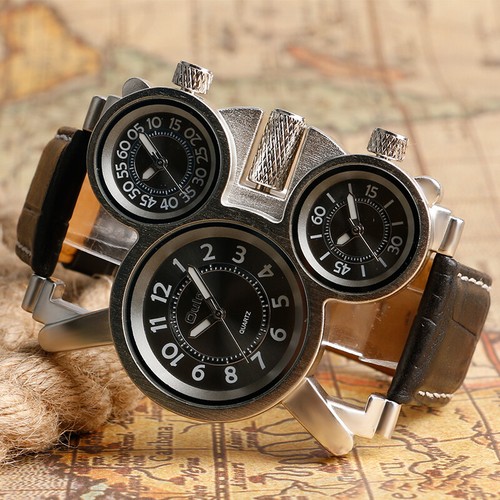 OULM 1167 Mens Steampunk Leather Band Watches 3 Time Zone Casual Quartz Watch - Picture 8 of 12