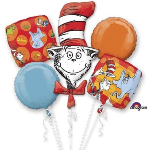 Dr. Seuss Cat in the Hat Happy Birthday Party Favor 5CT Foil Balloon Bouquet - Afbeelding 1 van 2