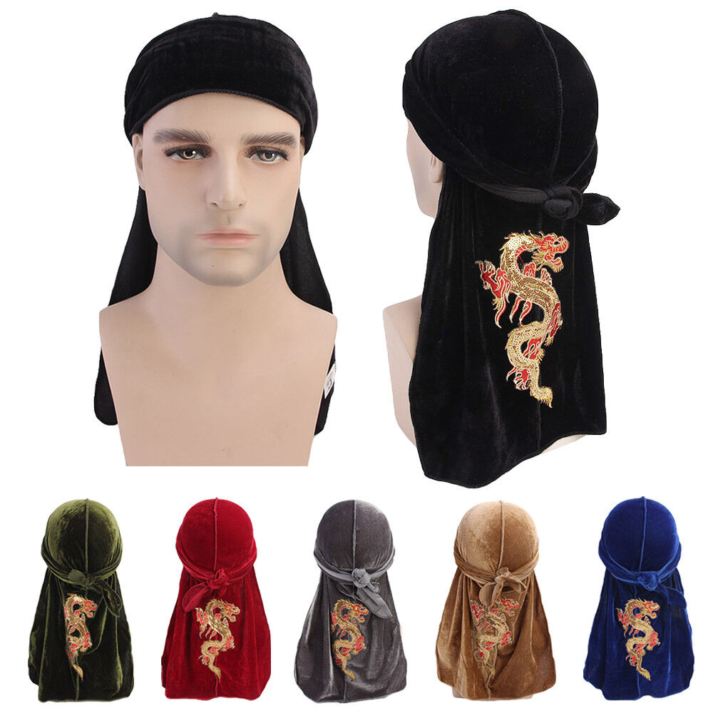 Men Velvet Chinese Dragon Turban Durag Hair Loss Hat Headwear